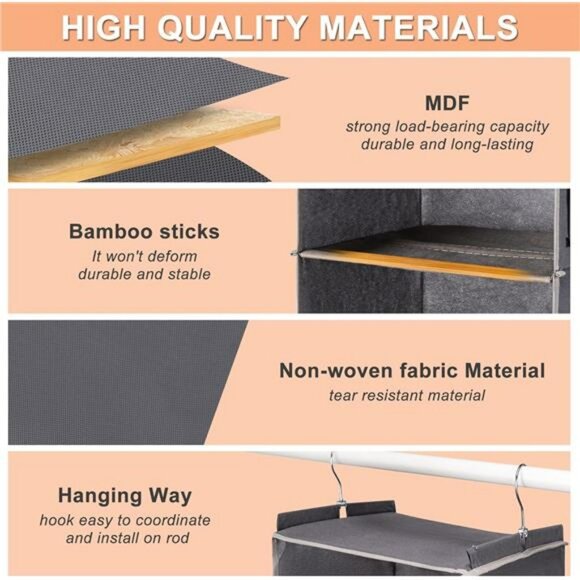 Hanging closet organizer 5 tier shelves with side pockets foldable storage grey - Picture 4 of 8